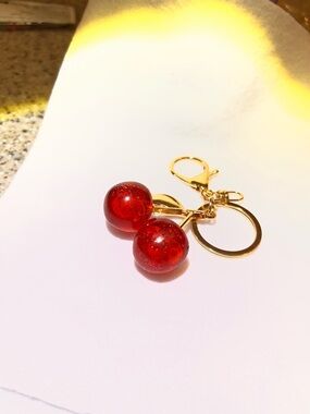 Gold Cherry Keychain Charm with Red Glass Beads - Women Jewelry